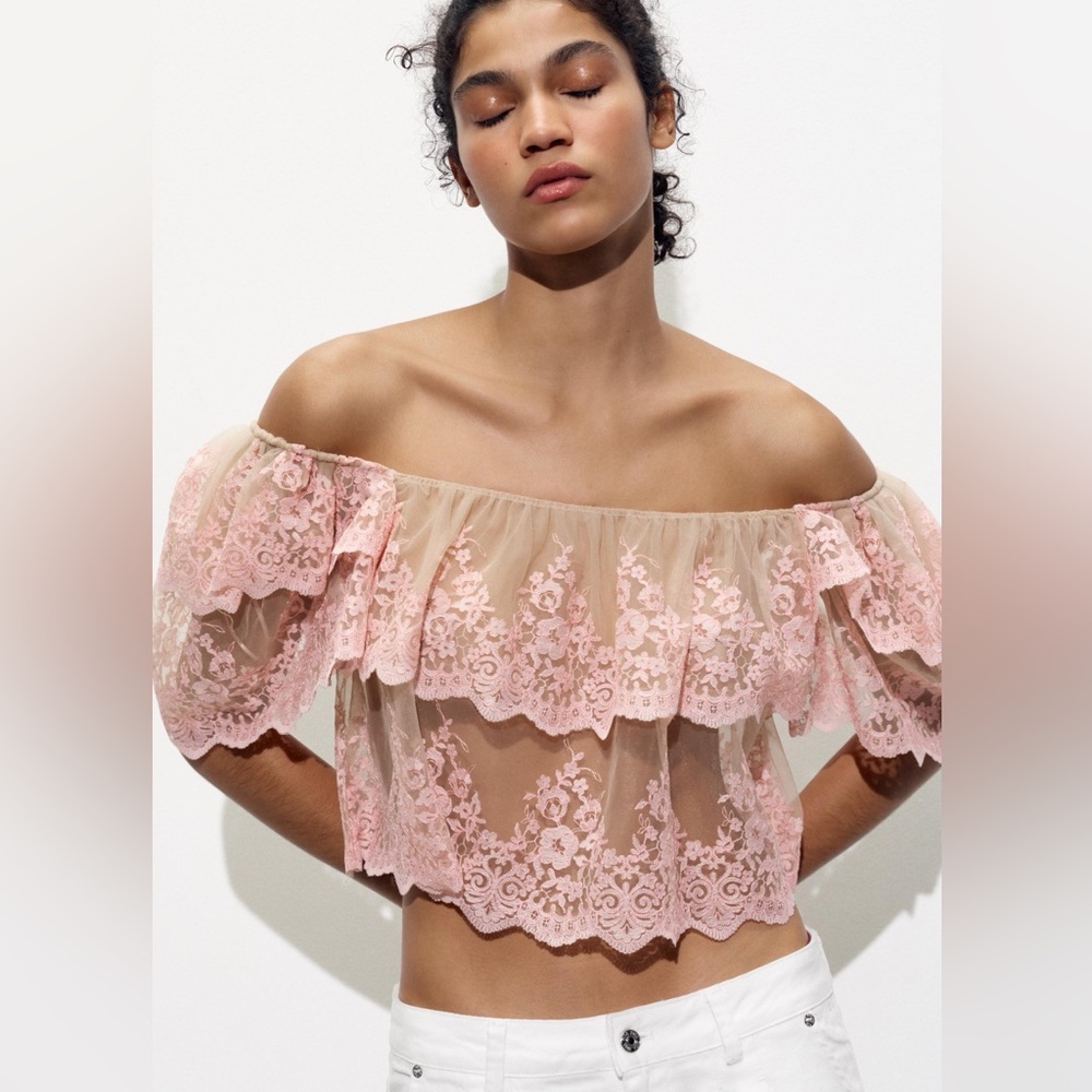 Zara Off-Shoulder Pink Lace Ruffle Crop Top